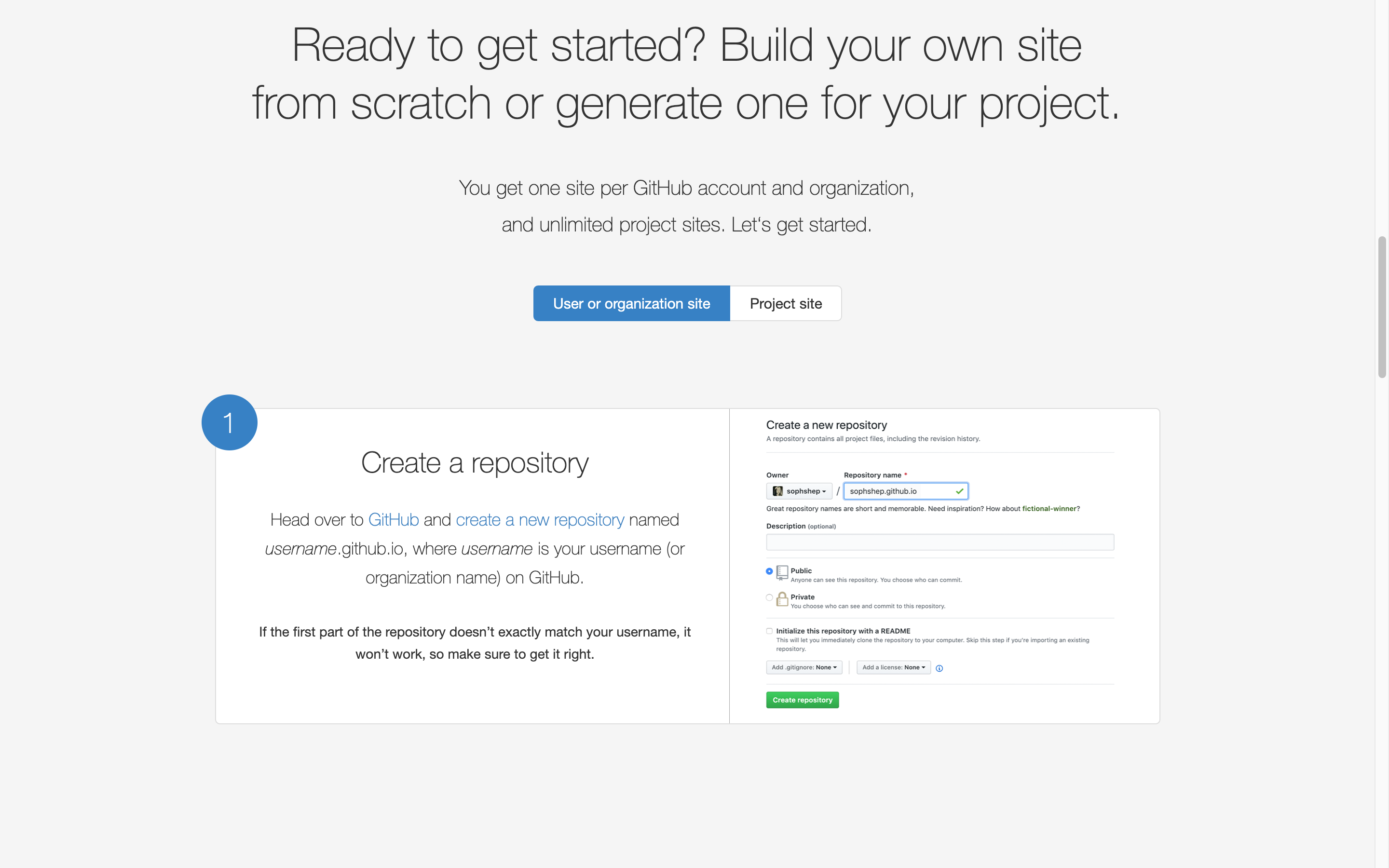 User or organization site, Project site